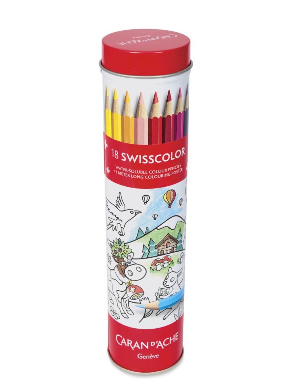 Caran d'Ache Swisscolor 18 Water-Soluble Colored Pencils Tin Set with Poster